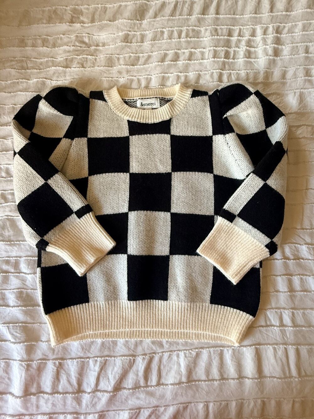 &Merci Black White Checkerboard Puff Shoulder Knit Sweater Womens Medium